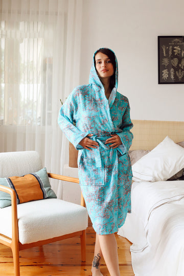 Adult Patterned Muslin Bathrobe, Special Design 100% Cotton 2 Layers Double Sided Hooded