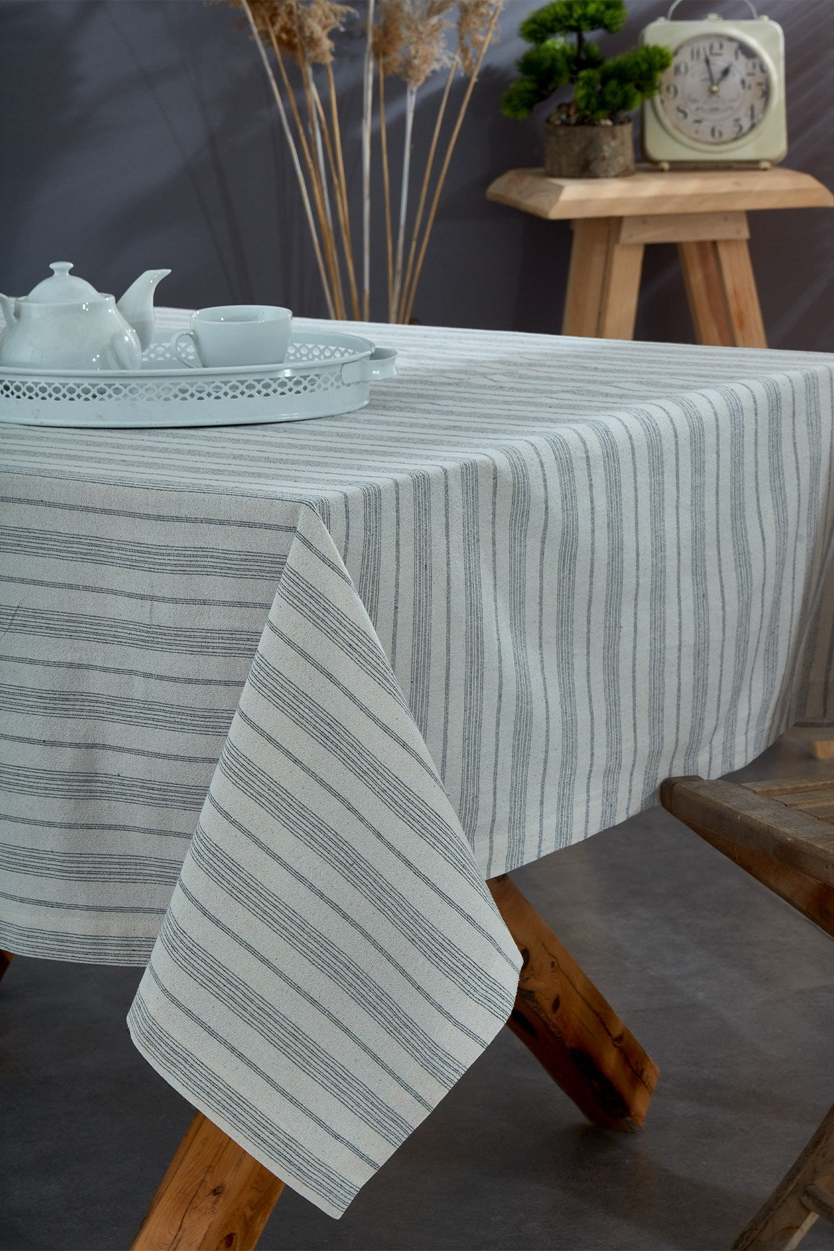 Washed Cotton Striped Tablecloth 