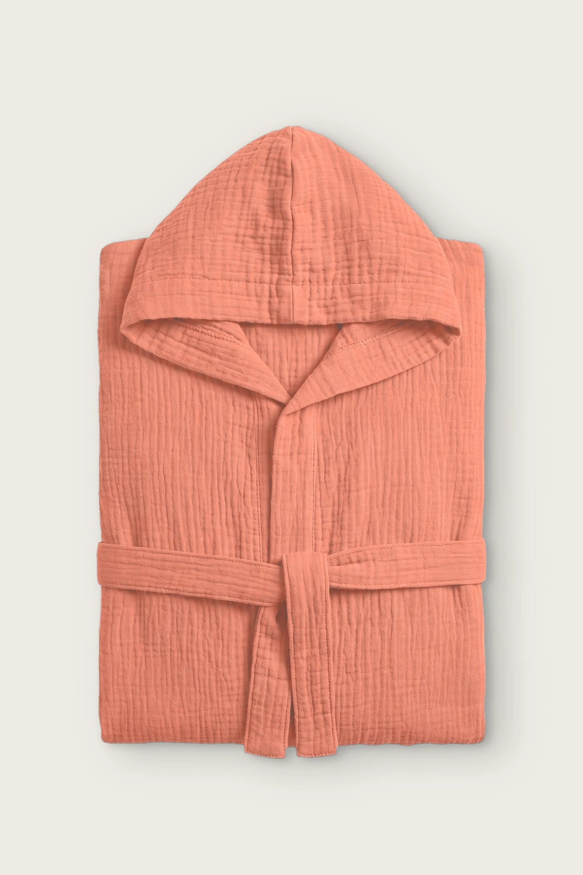2 kat müslin kapüşonlu çocuk bornozu, Terracota, katlı ön görünüm