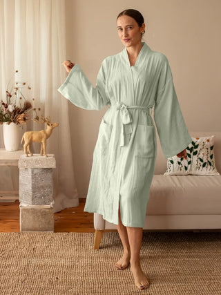 Adaçayı yeşili %100 pamuk 2 kat muslin kimono bornoz ön görünüm