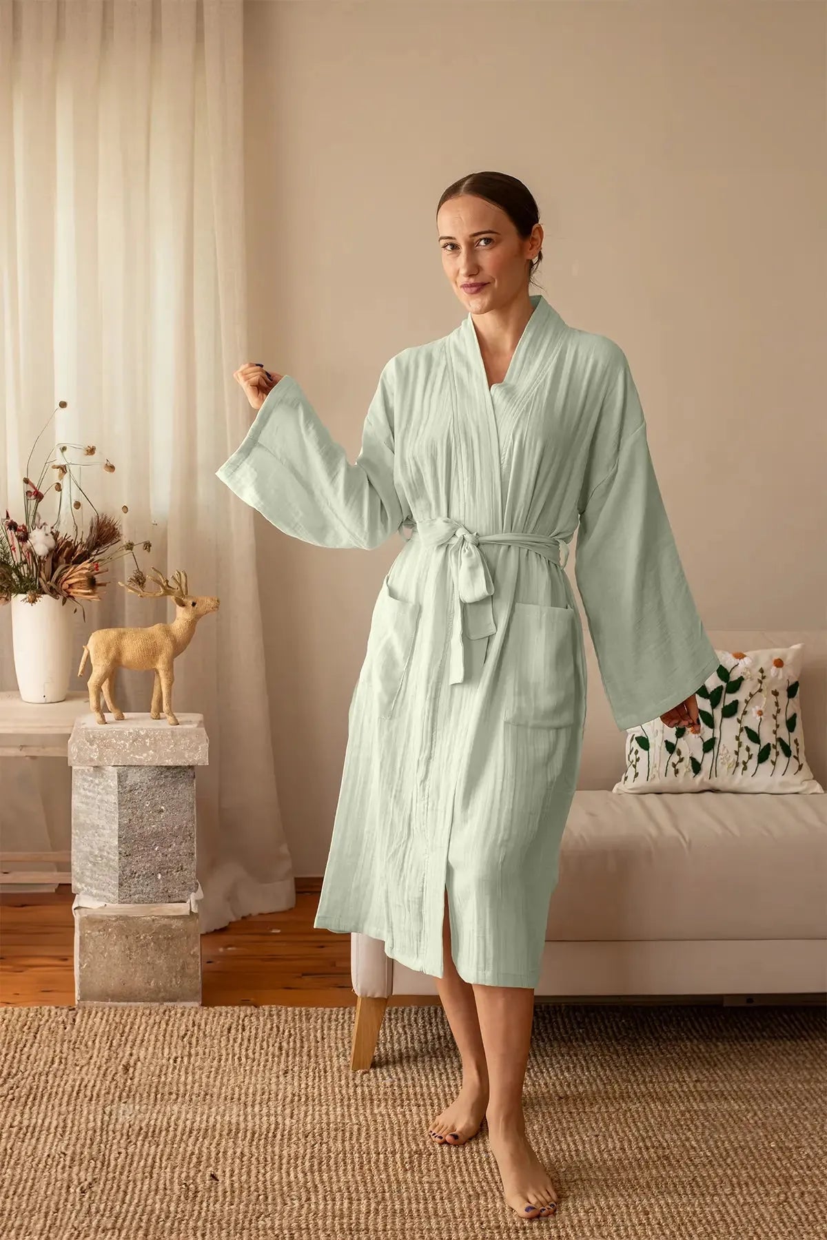 Adaçayı Yeşili 2 kat müslin kimono bornoz, ön görünüm – %100 Denizli pamuğu, OEKO-TEX, VivaMaison