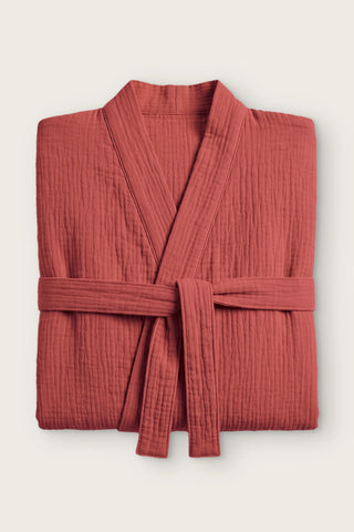 2 kat müslin kimono bornoz, Bordo, katlanmış ön görünüm ve bağlı kuşak