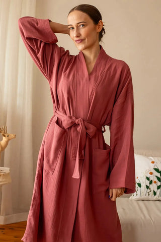 Bordo 2 kat müslin kimono bornoz, ön görünüm – %100 Denizli pamuğu, OEKO-TEX, VivaMaison