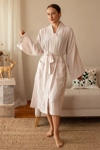 Ekru 2 kat müslin kimono bornoz, ön görünüm – %100 Denizli pamuğu, OEKO-TEX, VivaMaison