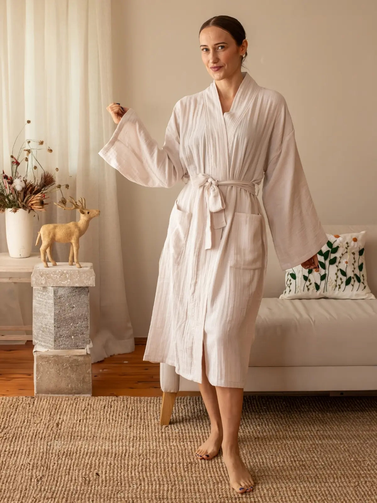 Ekru %100 pamuk 2 kat muslin kimono bornoz ön görünüm