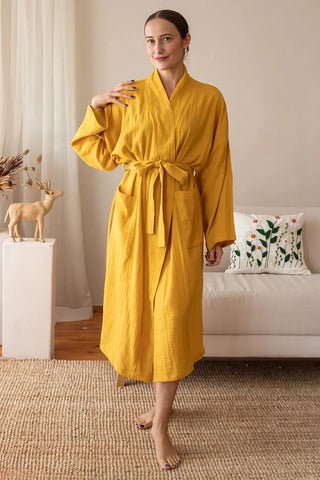Hardal 2 kat müslin kimono bornoz, ön görünüm – %100 Denizli pamuğu, OEKO-TEX, VivaMaison