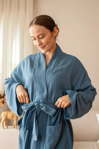 İndigo Mavi 2 kat müslin kimono bornoz, ön görünüm – %100 Denizli pamuğu, OEKO-TEX, VivaMaison