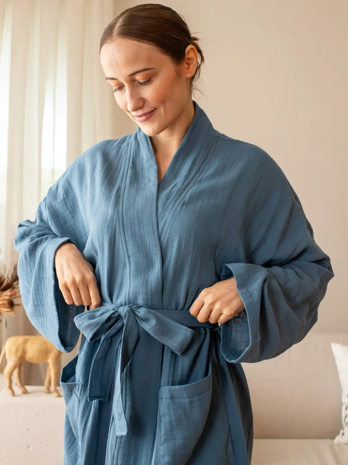 İndigo mavi %100 pamuk 2 kat muslin kimono bornoz ön görünüm