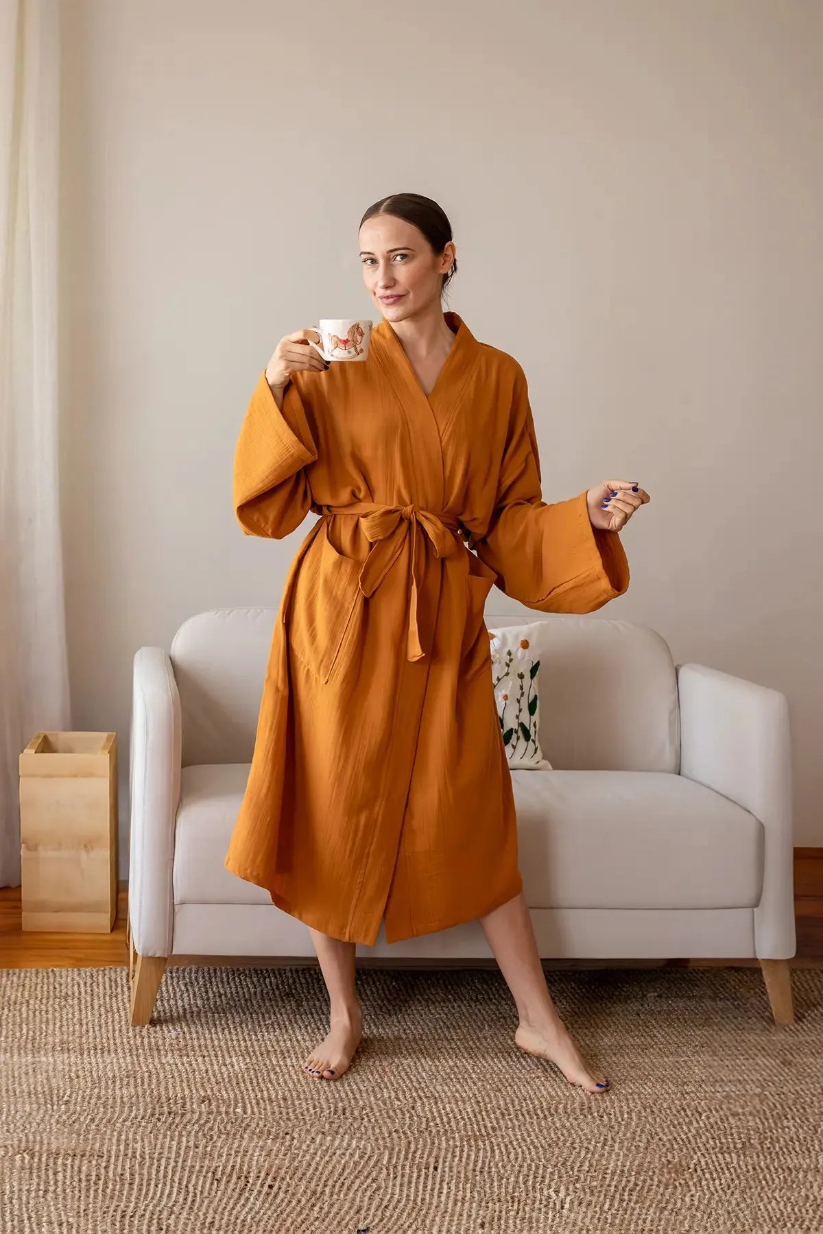 Karamel 2 kat müslin kimono bornoz, ön görünüm – %100 Denizli pamuğu, OEKO-TEX, VivaMaison