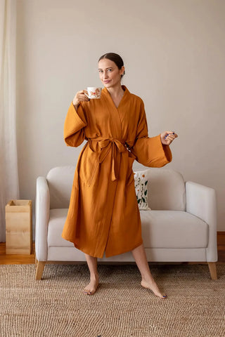 Karamel 2 kat müslin kimono bornoz, ön görünüm – %100 Denizli pamuğu, OEKO-TEX, VivaMaison