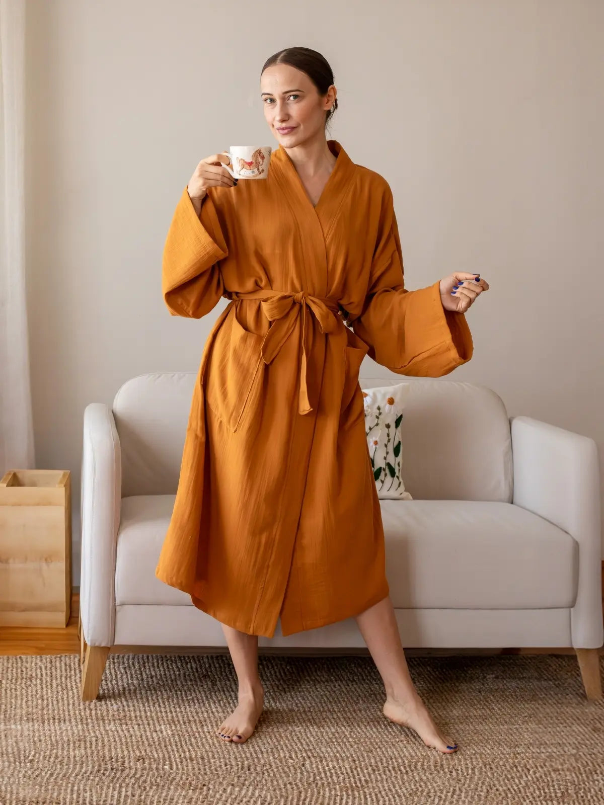 Karamel %100 pamuk 2 kat muslin kimono bornoz ön görünüm