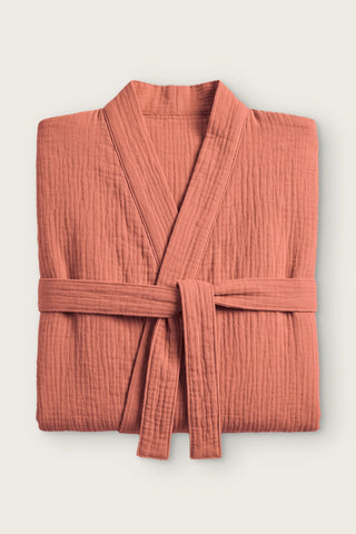 2 kat müslin kimono bornoz, Terracota, katlanmış ön görünüm ve bağlı kuşak
