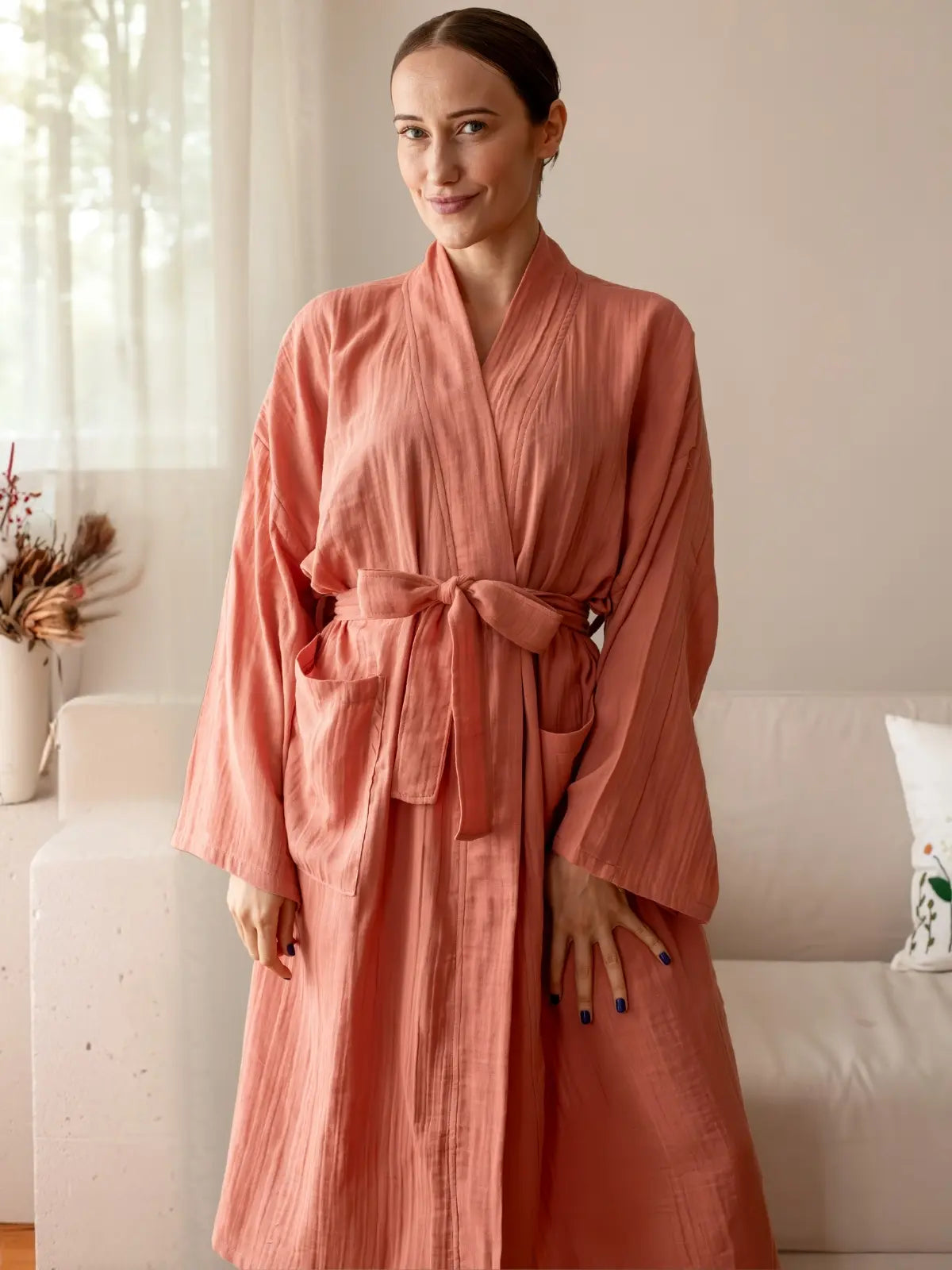 Terracotta %100 pamuk 2 kat muslin kimono bornoz ön görünüm