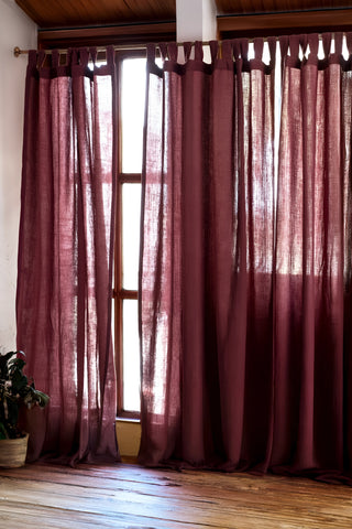 Bordo 2 kat müslin perde, yaşam alanında, ikinci açı – el dokuması, Denizli, VivaMaison