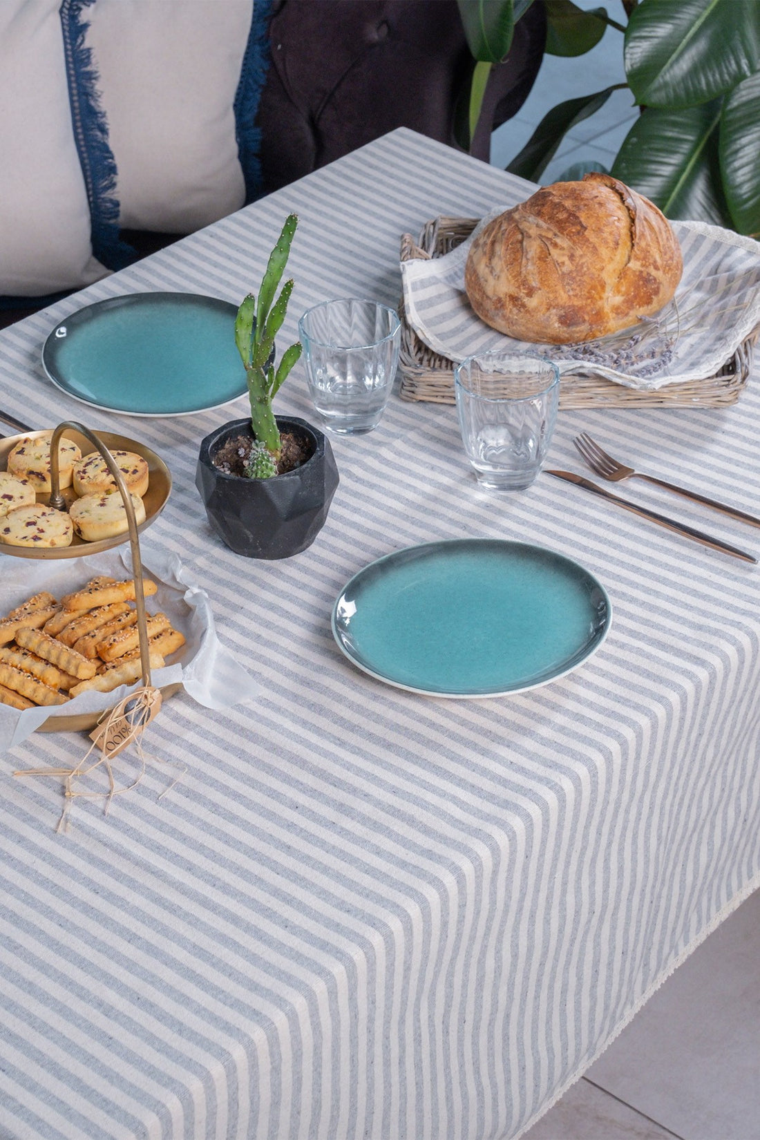 Striped Linen Lace Tablecloth 