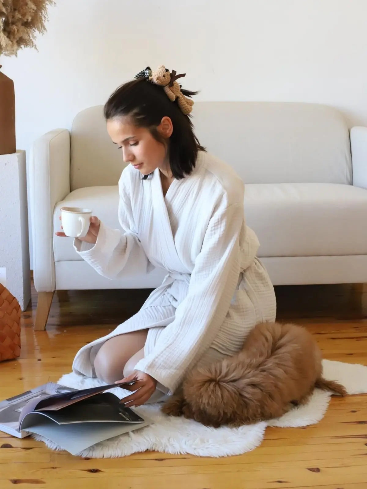 Açık bej 4 kat muslin kimono bornoz arka görünüm sırt detayı