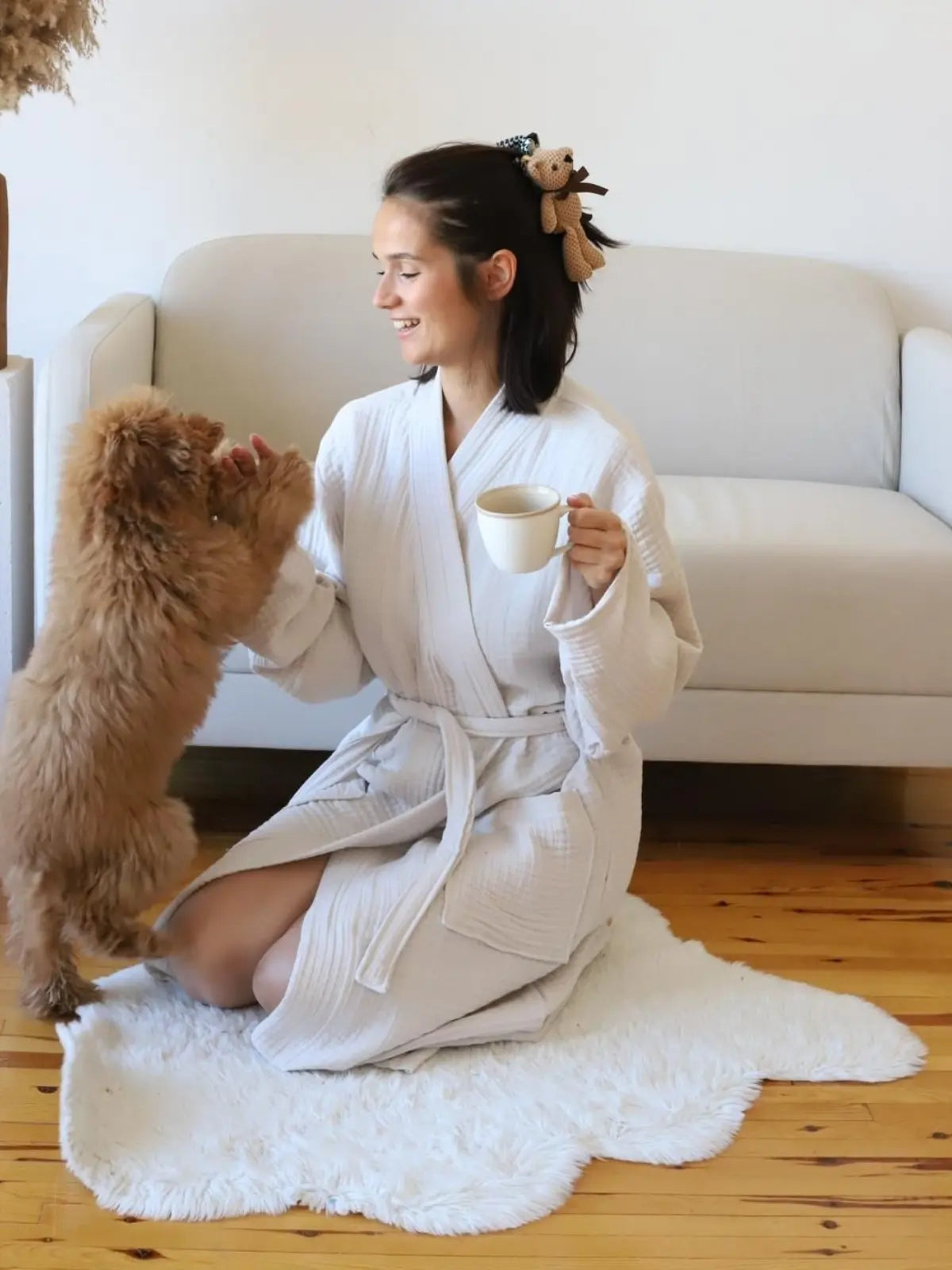 Açık bej 4 kat muslin bornoz pamuk kumaş dokusu yakın çekim