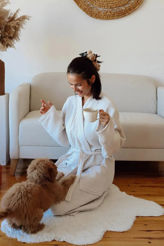 Açık Bej 4 kat müslin kimono bornoz, ön tam boy – %100 Denizli pamuğu, OEKO-TEX, VivaMaison