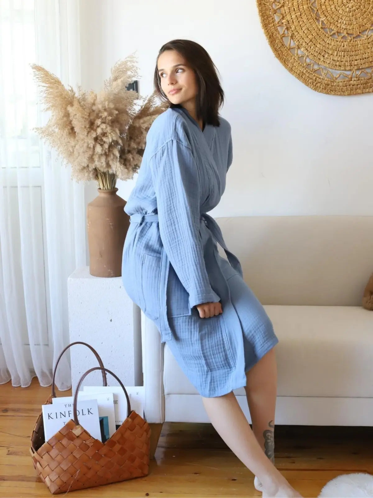 Açık indigo %100 pamuk 4 kat muslin kimono bornoz ön görünüm