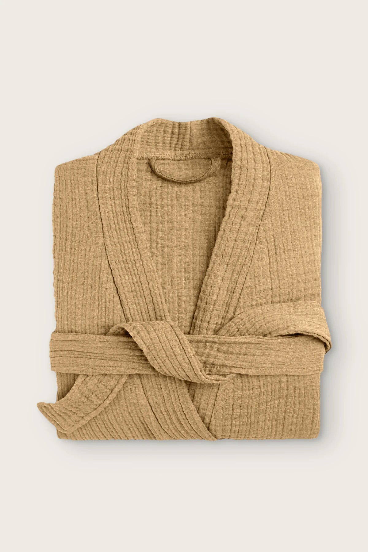 4 kat müslin kimono bornoz, Açık Kahve, katlanmış ön görünüm ve sarılı kuşak