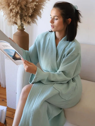 Adaçayı yeşili 4 kat muslin kimono bornoz arka görünüm