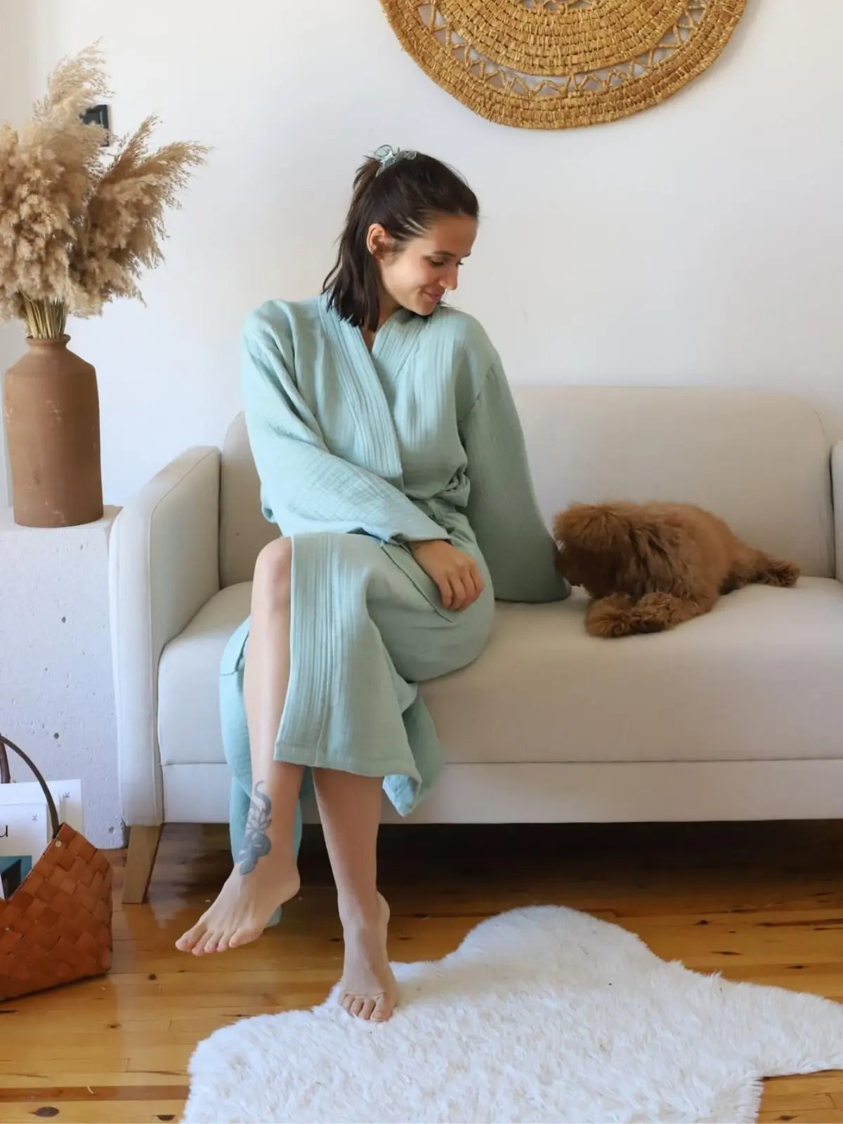 Adaçayı yeşili %100 pamuk 4 kat muslin kimono bornoz ön görünüm