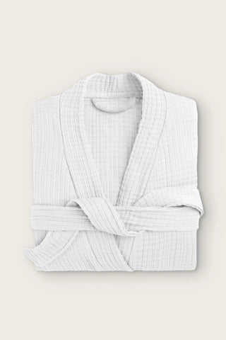 4 kat müslin kimono bornoz, Beyaz, katlanmış ön görünüm ve sarılı kuşak
