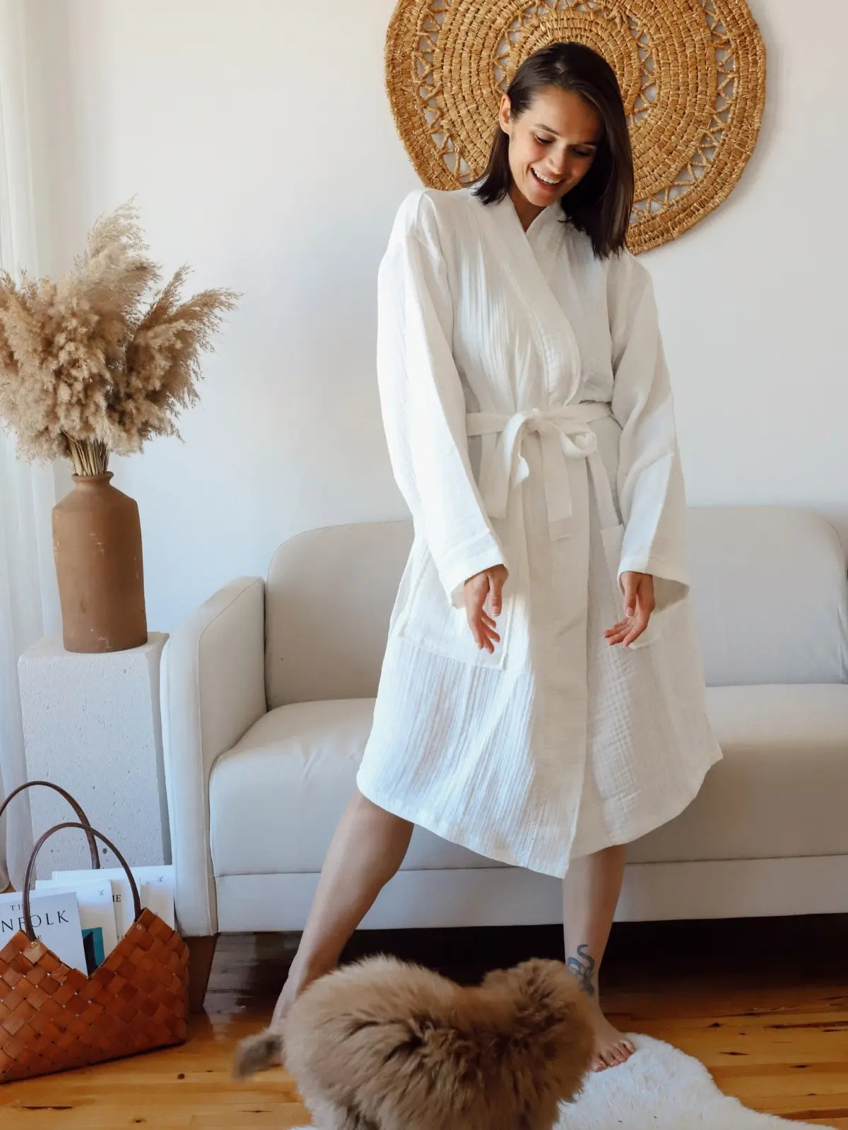 Beyaz %100 pamuk 4 kat muslin kimono bornoz ön görünüm