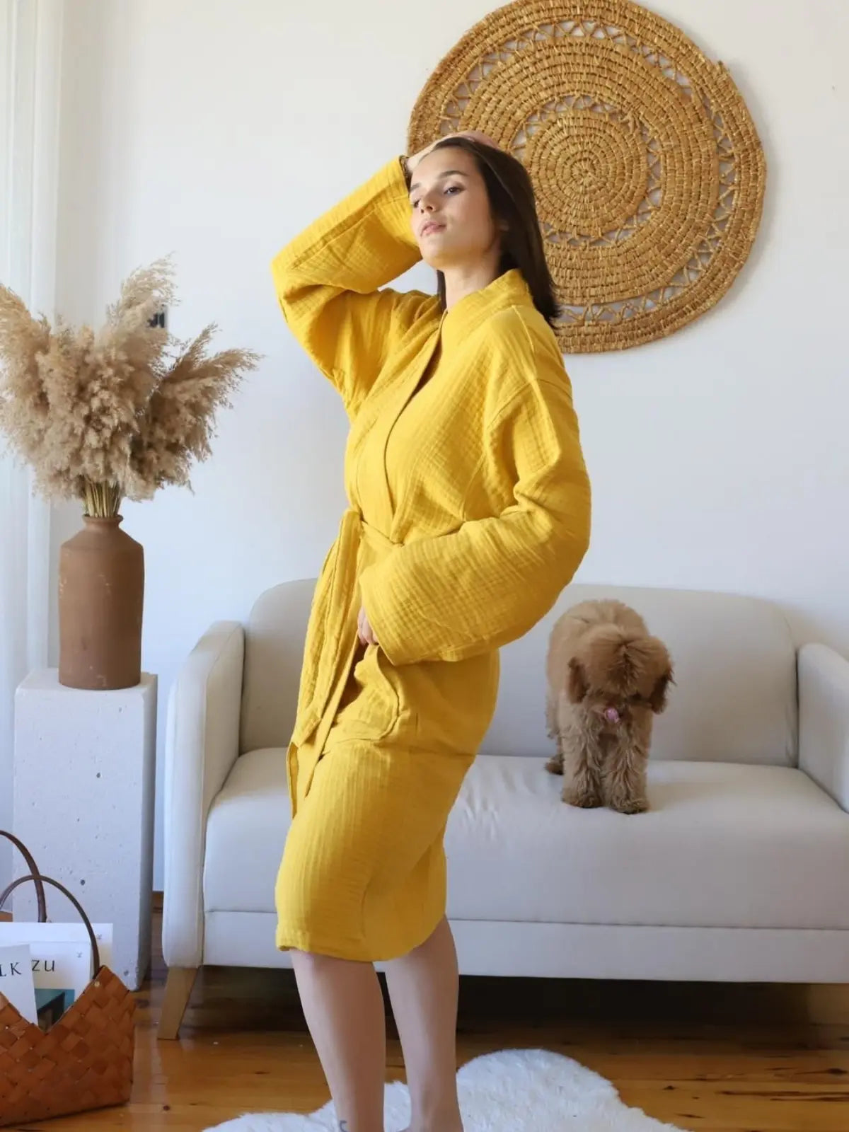 Hardal 4 kat muslin kimono bornoz arka görünüm