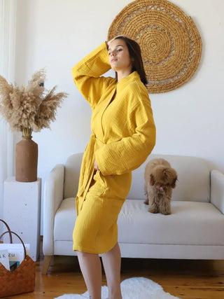 Hardal 4 kat muslin kimono bornoz arka görünüm