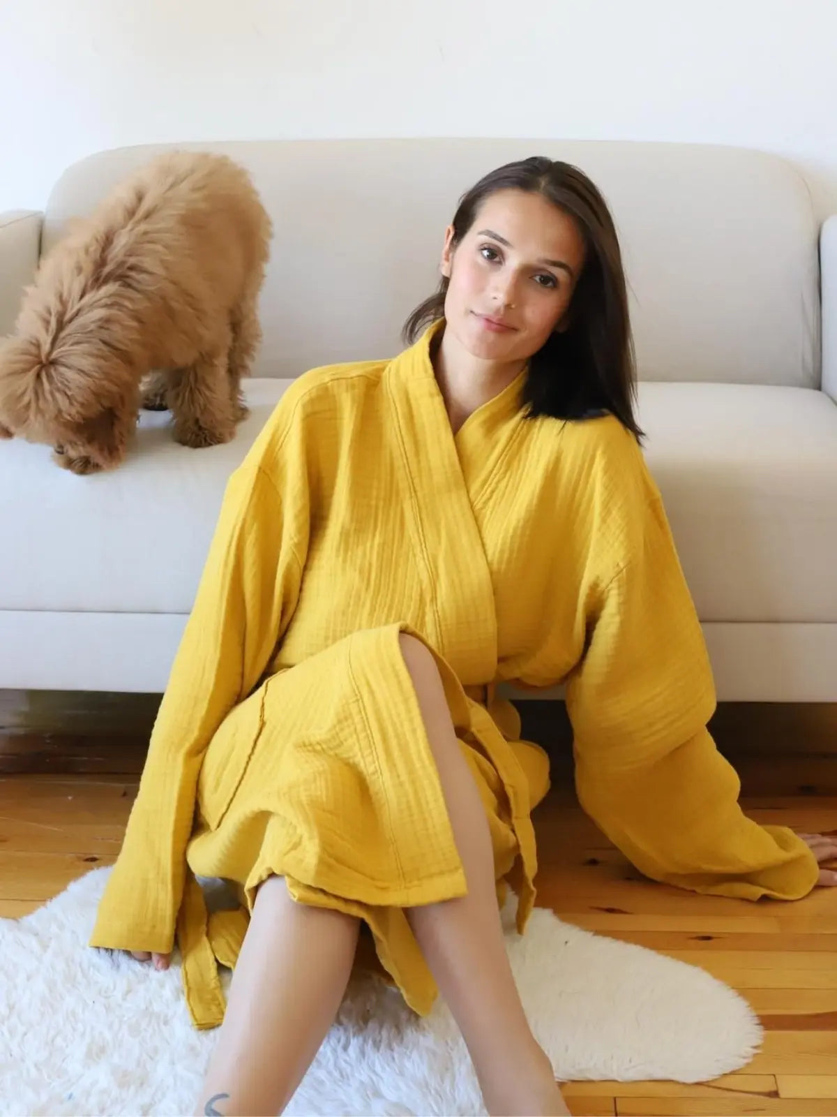 Hardal 4 kat muslin bornoz pamuk kumaş dokusu yakın çekim