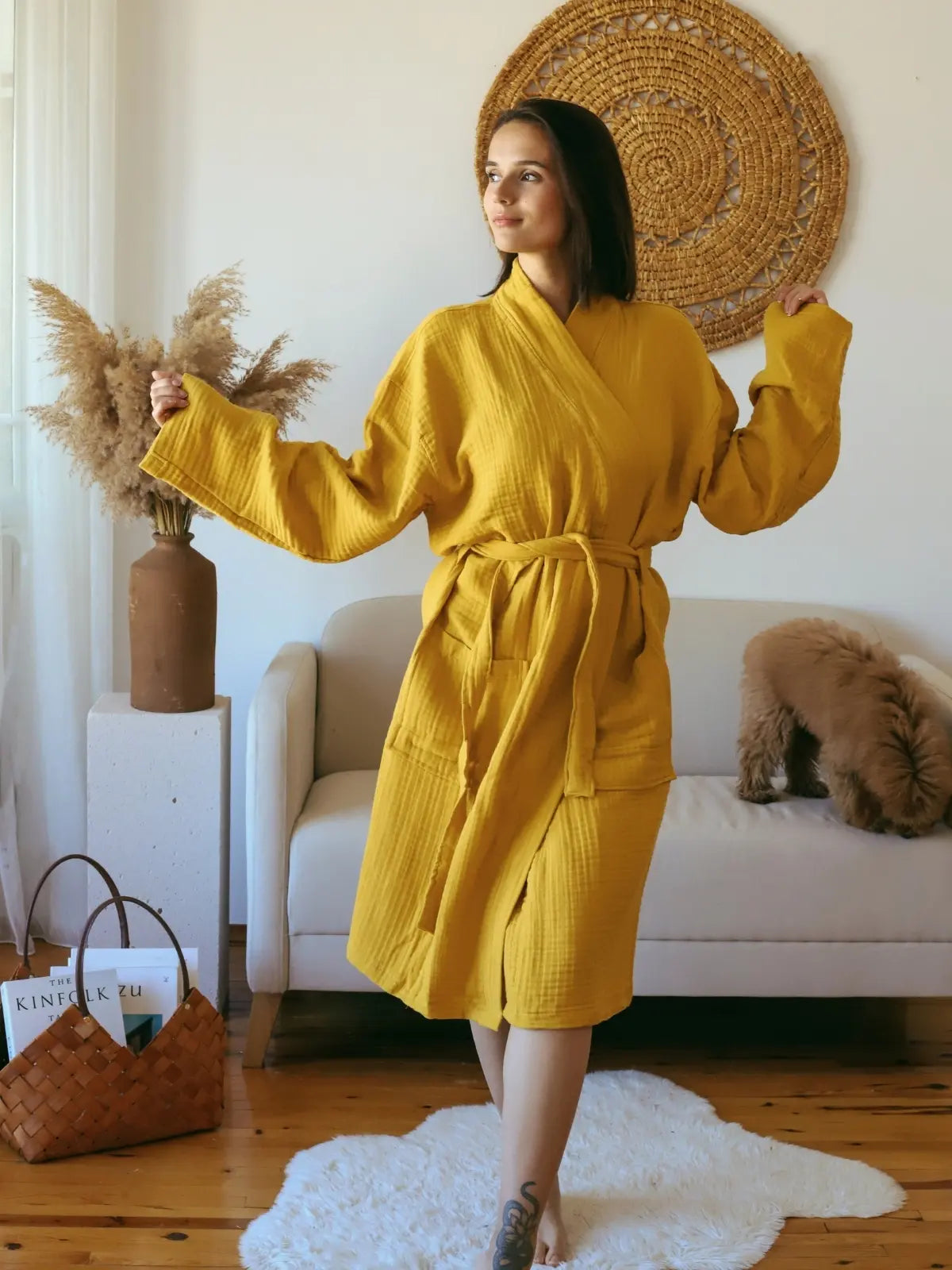 Hardal %100 pamuk 4 kat muslin kimono bornoz ön görünüm