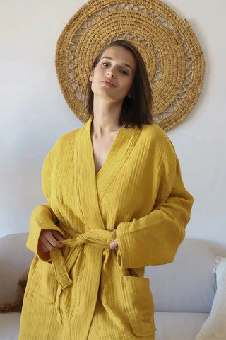 Hardal 4 kat müslin kimono bornoz, ön tam boy – %100 Denizli pamuğu, OEKO-TEX, VivaMaison