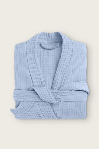 4 kat müslin kimono bornoz, Indigo Mavi, katlanmış ön görünüm ve sarılı kuşak
