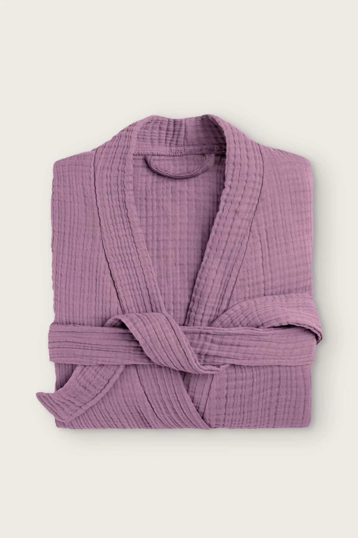 4 kat müslin kimono bornoz, Mürdüm, katlanmış ön görünüm ve sarılı kuşak