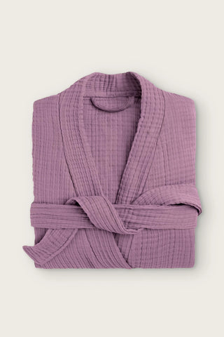 4 kat müslin kimono bornoz, Mürdüm, katlanmış ön görünüm ve sarılı kuşak