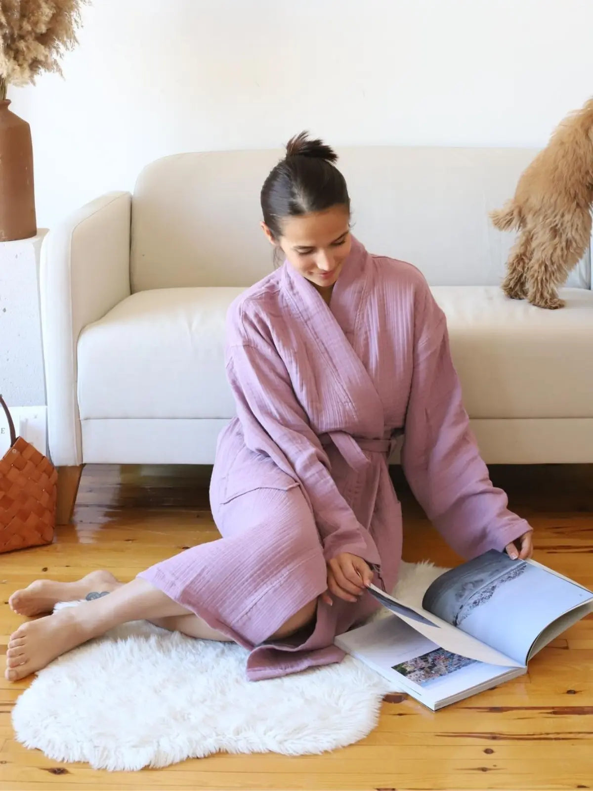 Mürdüm muslin kimono bornoz kuşak bağlama detayı