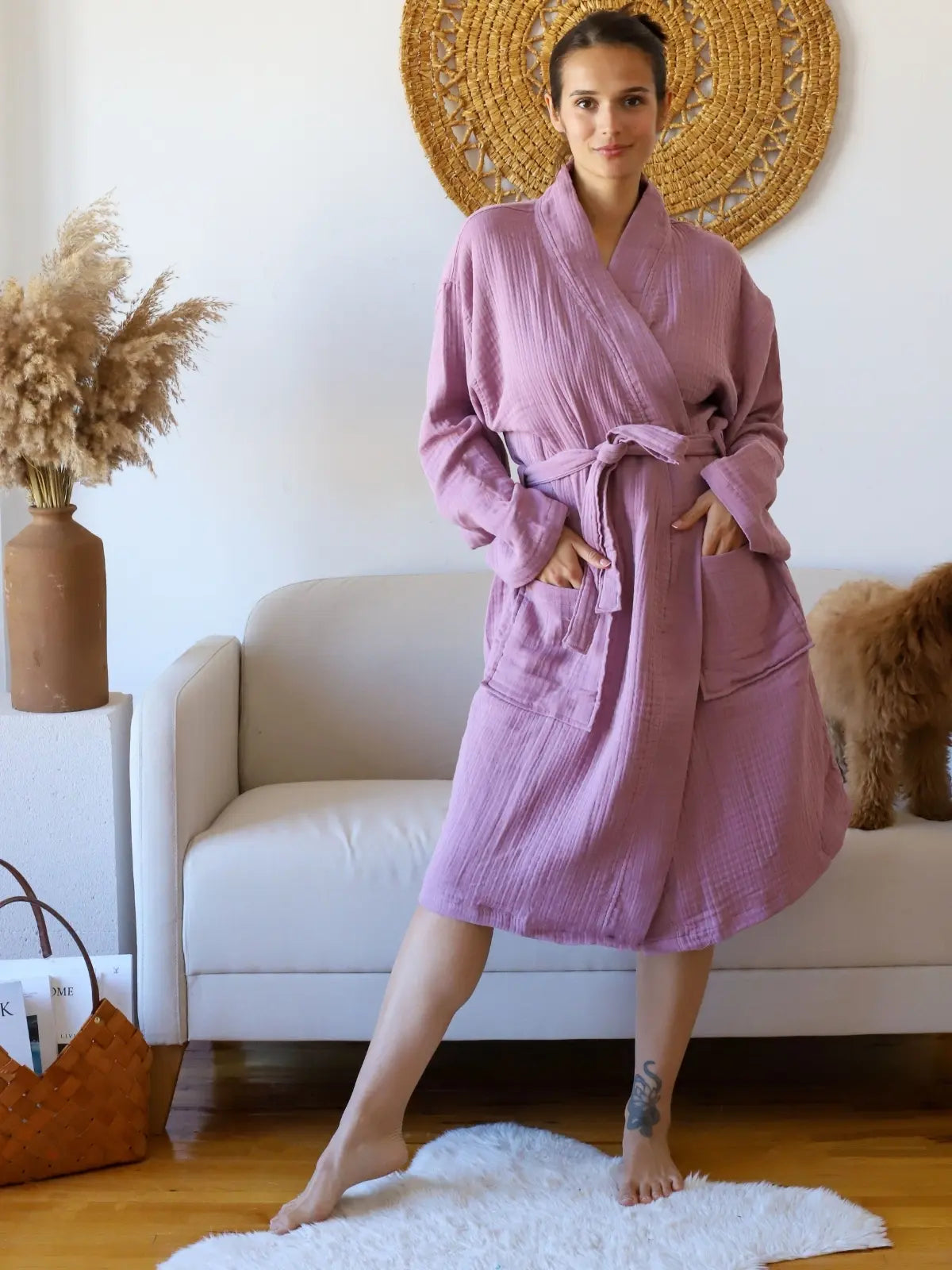 Mürdüm %100 pamuk 4 kat muslin kimono bornoz ön görünüm