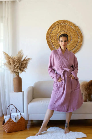 Mürdüm 4 kat müslin kimono bornoz, ön tam boy – %100 Denizli pamuğu, OEKO-TEX, VivaMaison