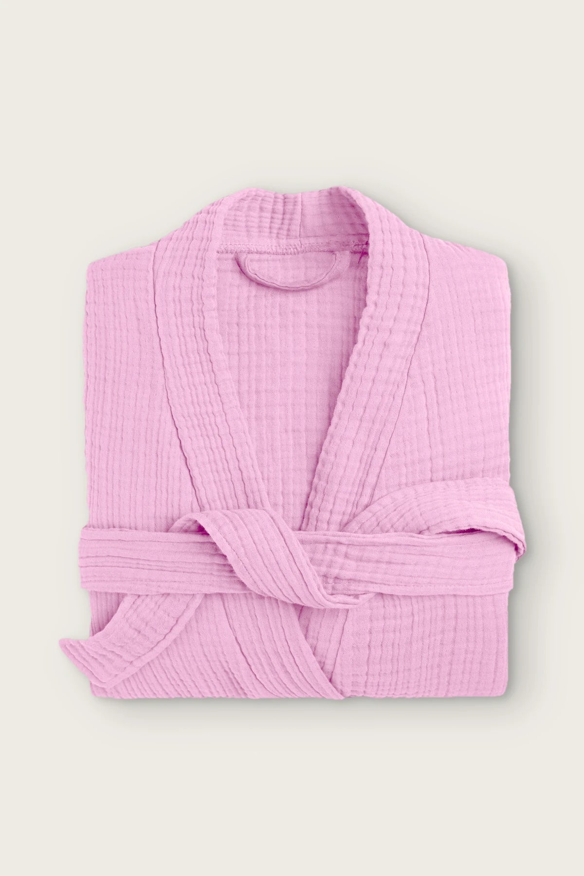 4 kat müslin kimono bornoz, Pembe, katlanmış ön görünüm ve sarılı kuşak