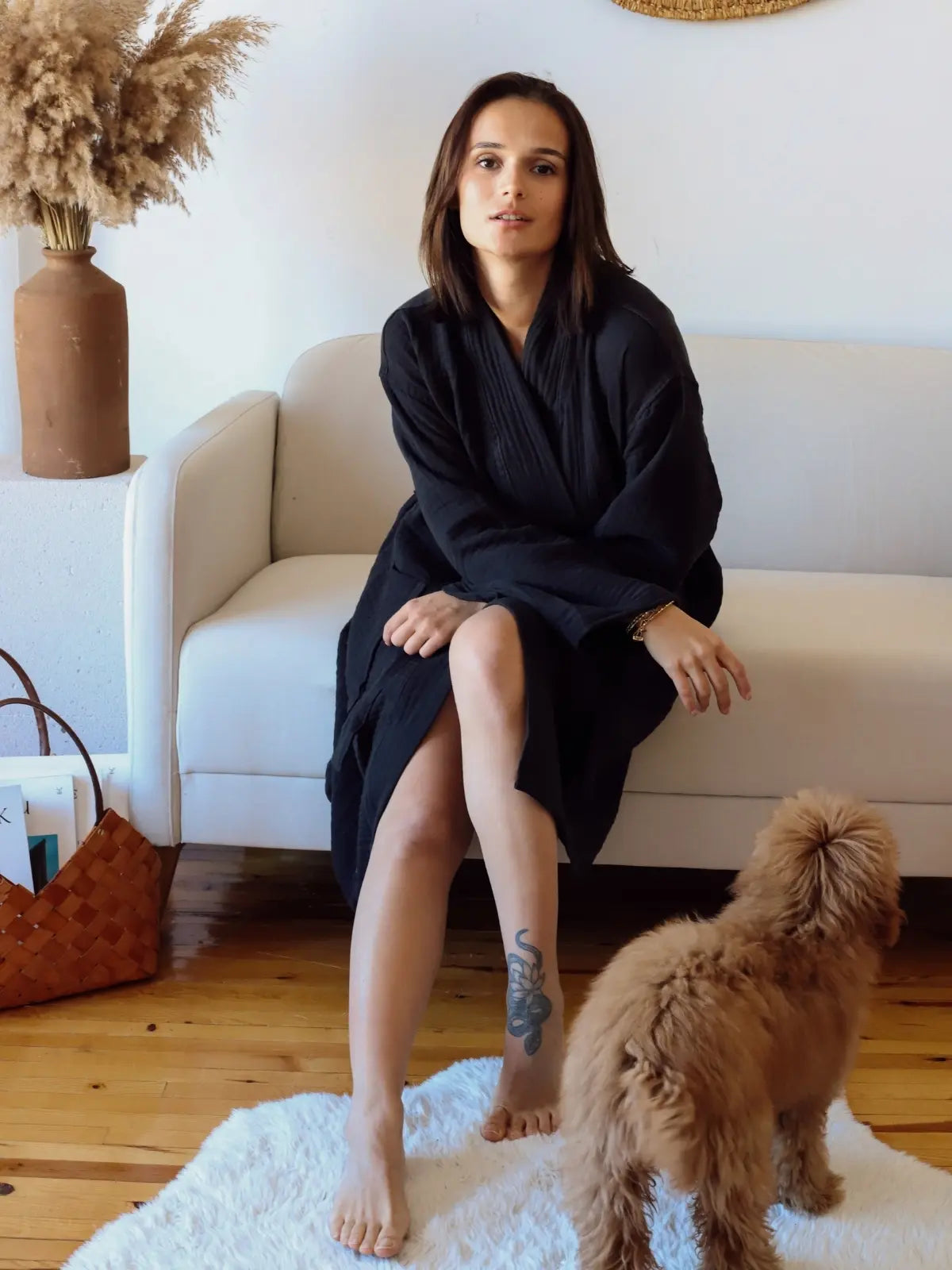 Siyah 4 kat muslin kimono bornoz arka görünüm