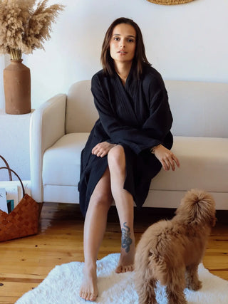 Siyah 4 kat muslin kimono bornoz arka görünüm