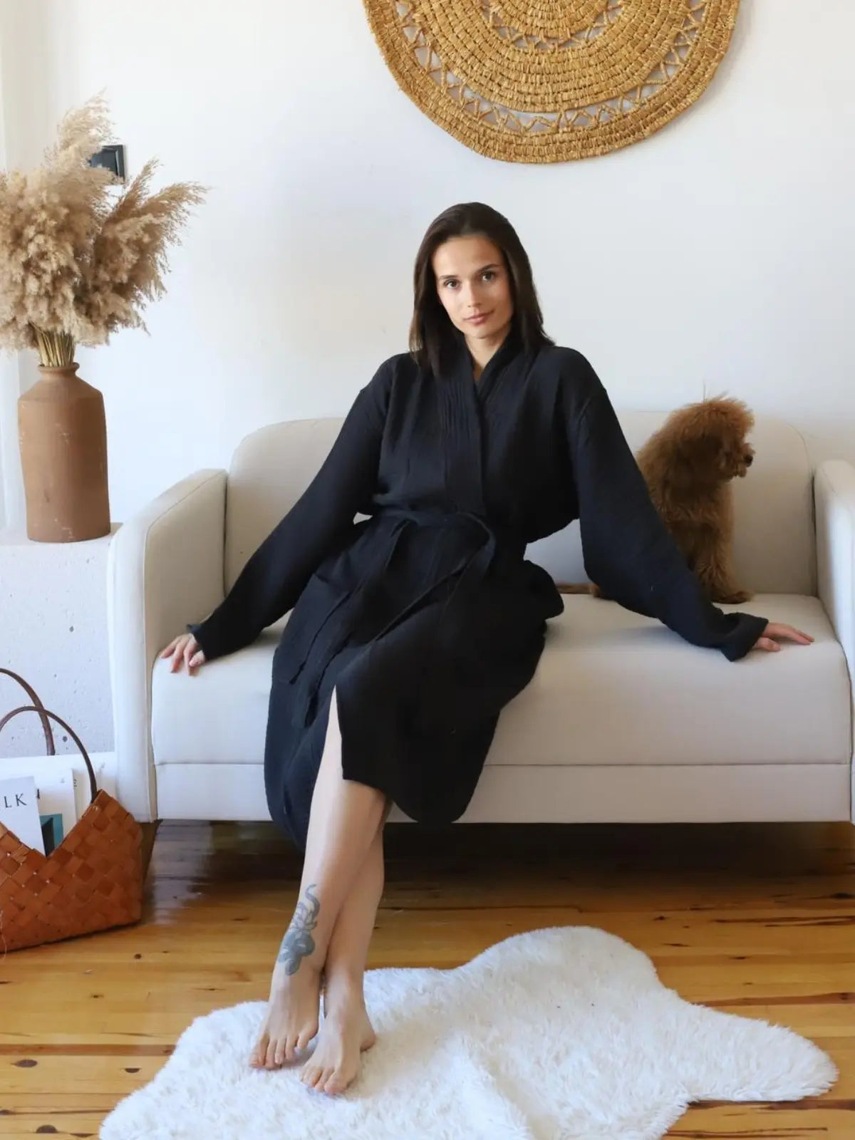 Siyah muslin kimono bornoz kimono yaka kesimi detayı