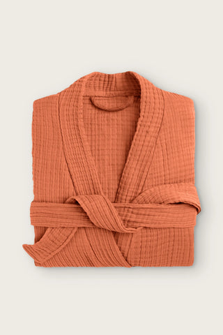 4 kat müslin kimono bornoz, Terracotta, katlanmış ön görünüm ve sarılı kuşak