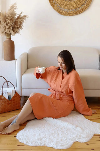Terracotta 4 kat müslin kimono bornoz, ön tam boy – %100 Denizli pamuğu, OEKO-TEX, VivaMaison