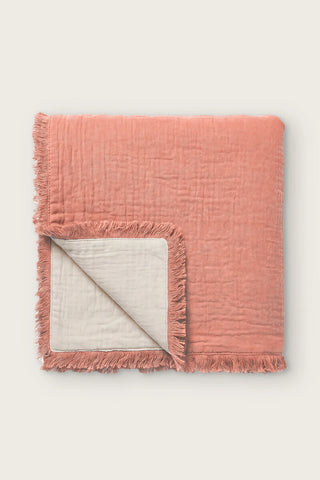 4 kat müslin saçaklı çift taraflı yatak örtüsü, Terracotta, katlı ön görünüm