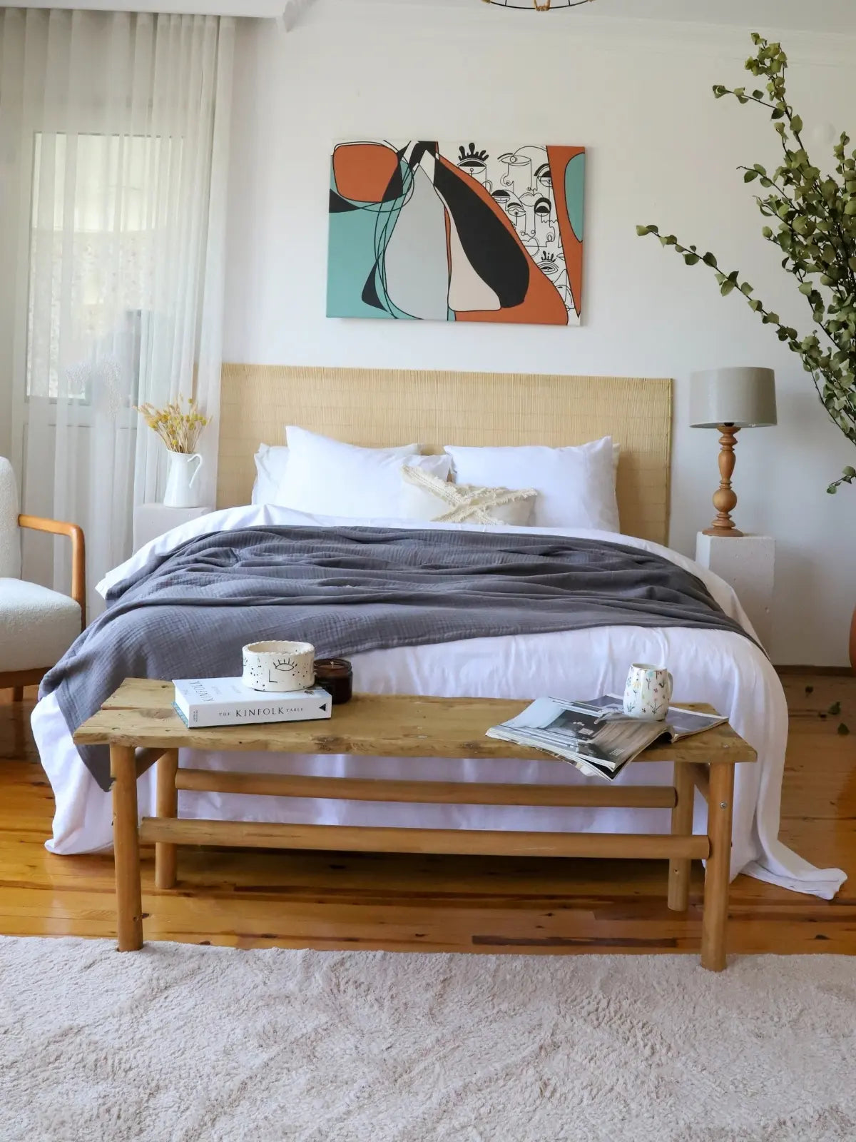 Antrasit 4 kat muslin saçaksız yatak örtüsü çift kişilik yatak üstü görünüm