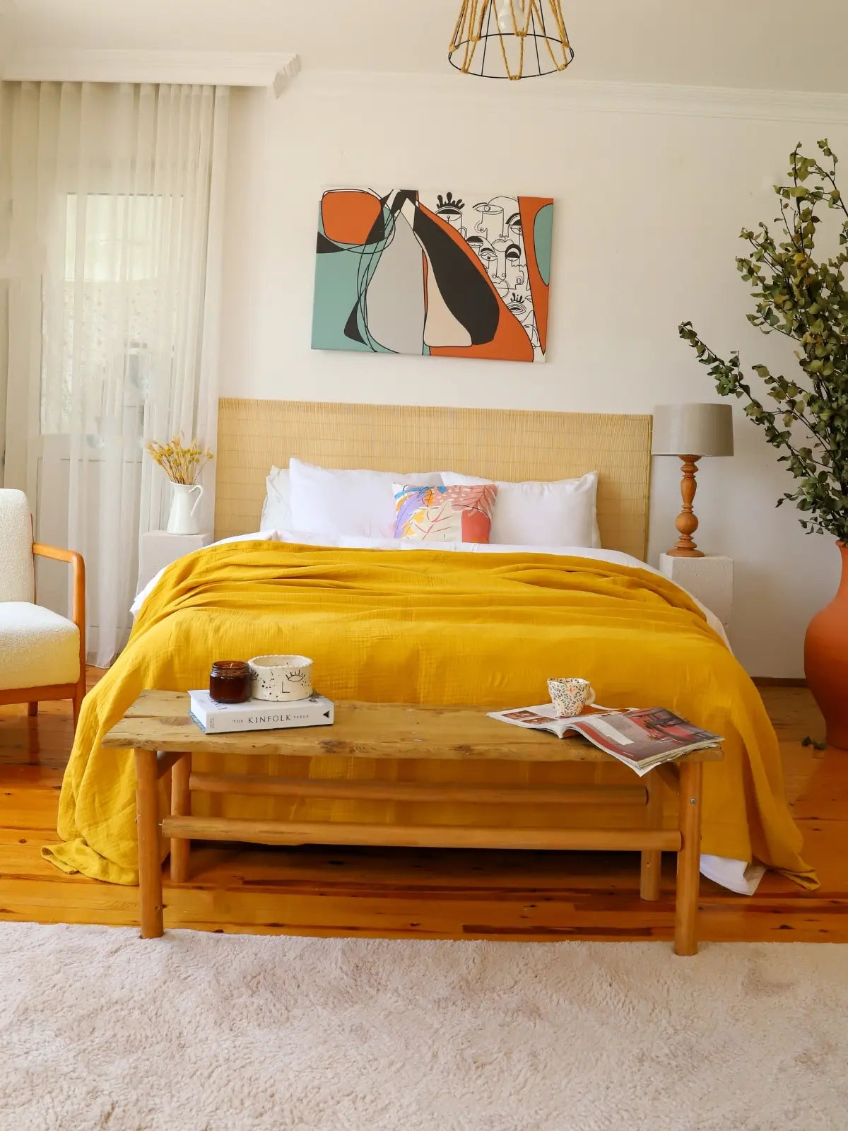 Hardal 4 kat muslin saçaksız yatak örtüsü çift kişilik yatak üstü görünüm