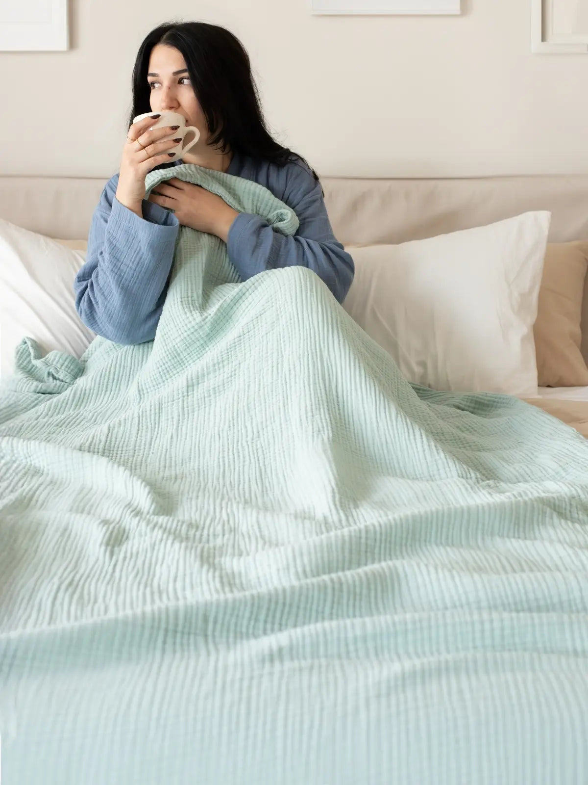 Mint yeşili 4 kat muslin saçaksız pike dalgalı döküm görünümü