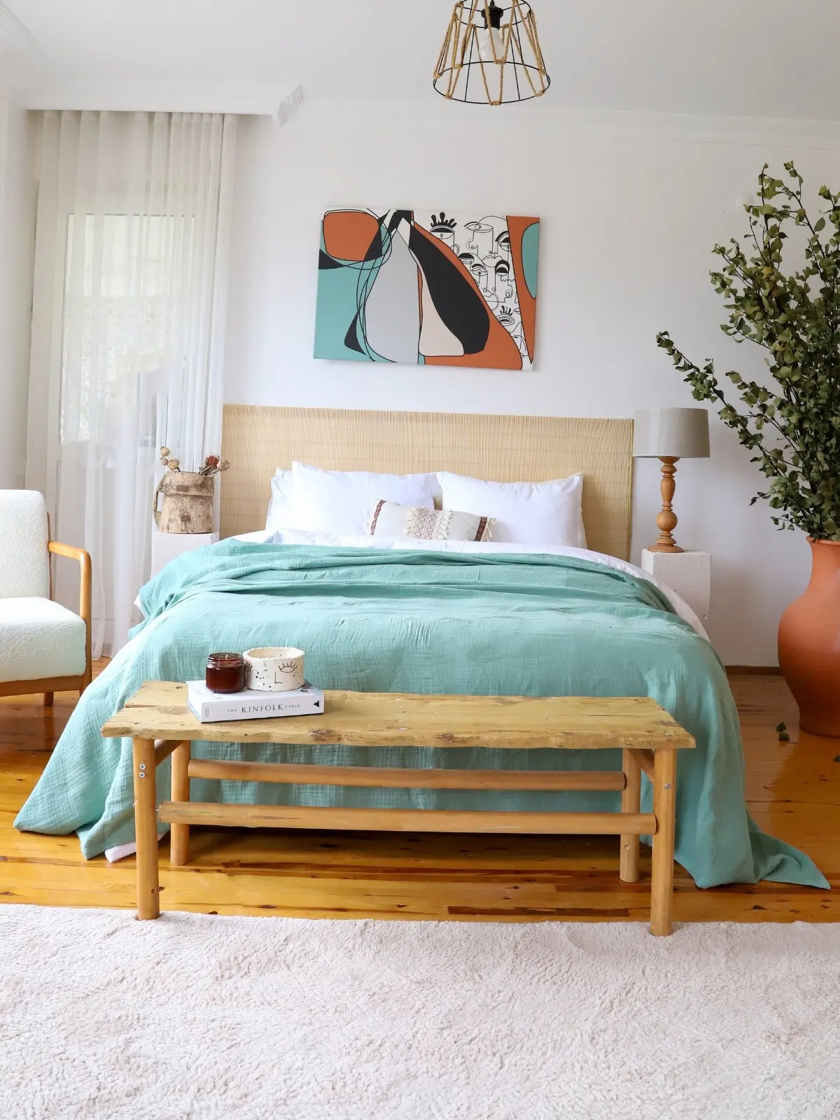 Mint yeşili 4 kat muslin saçaksız yatak örtüsü çift kişilik yatak üstü görünüm